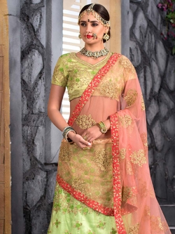 Green Net Embroidery A Line Lehengas
