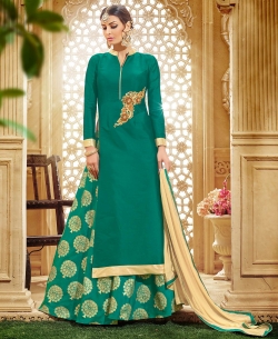 Green Taffeta Silk Embroidered Long Choli Lehengas