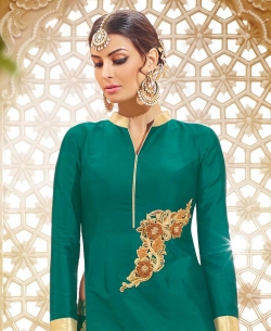 Green Taffeta Silk Embroidered Long Choli Lehengas