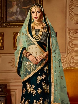 Navy Blue Velvet Zardosi A Line Lehengas