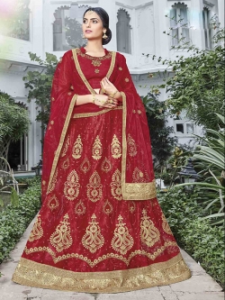 Red Net Stone Work A Line Lehengas