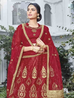 Red Net Stone Work A Line Lehengas