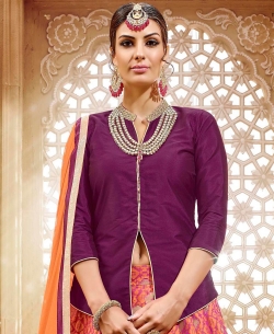 Magenta Taffeta Silk Solid Long Choli Lehengas