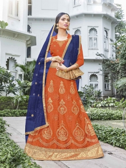 Orange Net Stone Work A Line Lehengas