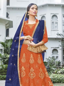 Orange Net Stone Work A Line Lehengas