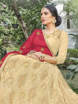 Beige Net Stone Work A Line Lehengas