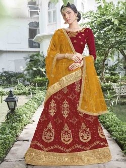 Maroon Net Stone Work A Line Lehengas