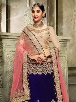 Navy Blue Velvet Stone Work A Line Lehengas