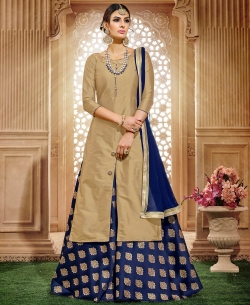 Beige Taffeta Silk Lace Long Choli Lehengas