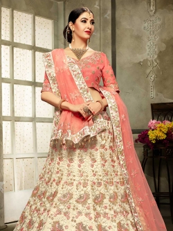 Beige Net Stone Work A Line Lehengas