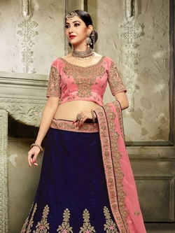 Navy Blue Velvet Stone Work A Line Lehengas