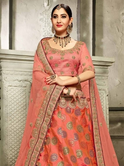 Peach Silk Stone Work A Line Lehengas