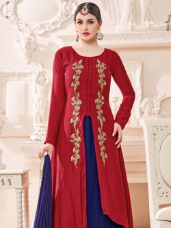 Maroon Cotton Satin Embroidery Anarkali Suits