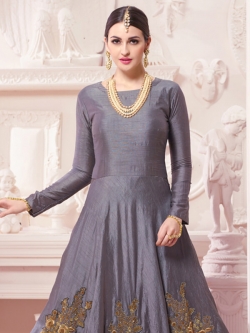Grey Dhupion Embroidery Anarkali Suits