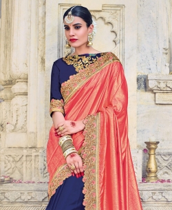 Orange Two Tone Silk Fabrics Beautiful Floral Design Half And Half Sarees