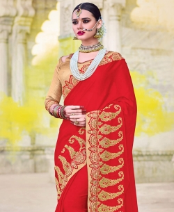 Red Moss Chiffon Beautiful Floral Design Border Sarees
