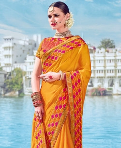 Yellow Two Tone Bright Georgette Beautiful Floral Design Border Sarees