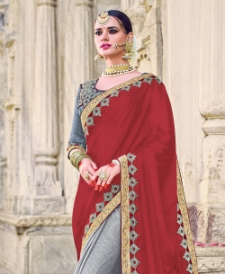Maroon Two Tone Bright Georgette Beautiful Floral Design Half And Half Sarees