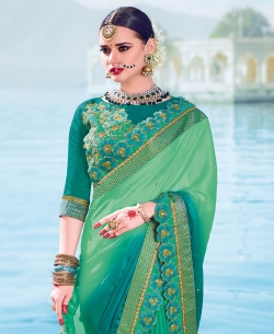 Green Two Tone Bright Georgette With Padding Beautiful Floral Design Border Sarees