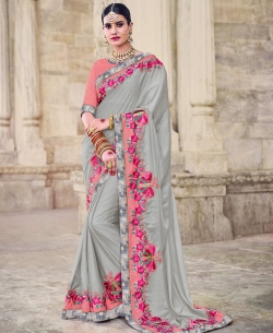 Grey Two Tone Bright Georgette Beautiful Floral Design Border Sarees