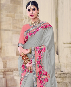 Grey Two Tone Bright Georgette Beautiful Floral Design Border Sarees