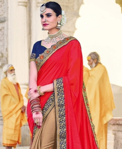 Red Two Tone Silk Fabrics Beautiful Floral Design Half And Half Sarees