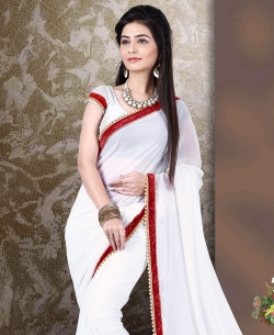 Off White Georgette Moti Heavy Border Border Sarees