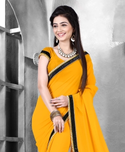 Mustard Georgette Moti Heavy Border Border Sarees