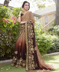 Brown & Multi Fancy Fabric Embroidery Designer Sarees