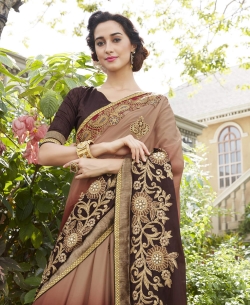 Brown & Multi Fancy Fabric Embroidery Designer Sarees