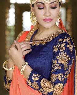 Navy Blue Bhagal Puri Fabrics Floral Design A Line Lehengas