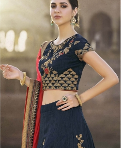 Navy Blue Banglori Fabrics Floral Design A Line Lehengas