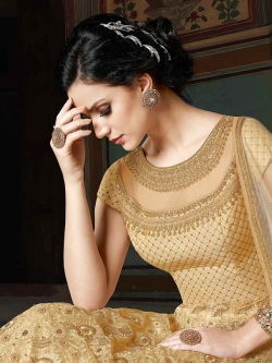 Cream Net Stone Work Anarkali Suits