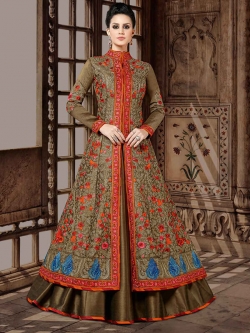 Olive Green Art Silk Embroidery Anarkali Suits