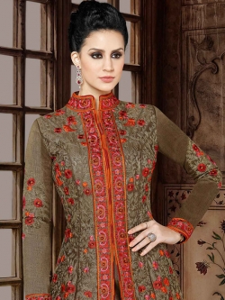 Olive Green Art Silk Embroidery Anarkali Suits