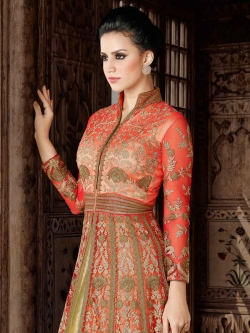 Orange Net Floral Design Anarkali Suits