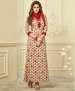 Cream Rayon Printed Anarkali Kurtis