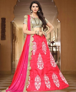 Pink Banglori Satin Silk Floral Design A Line Lehengas