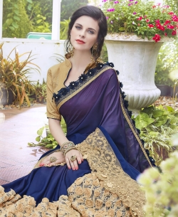 Blue Satin Georgette Border Work Designer Sarees