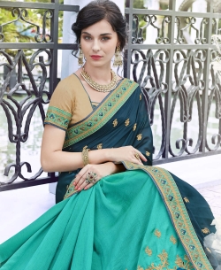 Teal Green Georgette Embroidery Designer Sarees