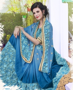 Sky Blue Satin Georgette Floral Design Designer Sarees