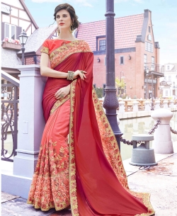 Peach Rangoli Georgette Embroidery Designer Sarees