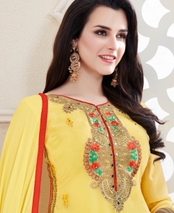 Yellow Georgette Floral Design Straight Suits