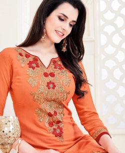 Orange Georgette Floral Design Straight Suits