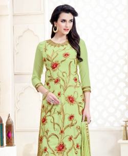 Lime Green Georgette Floral Design Straight Suits