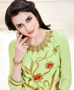 Lime Green Georgette Floral Design Straight Suits