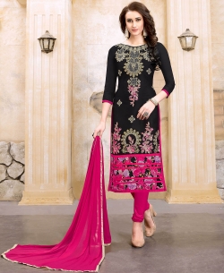 Black Modal Cotton Floral Design Straight Suits