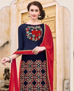 Blue Modal Cotton Floral Design Straight Suits
