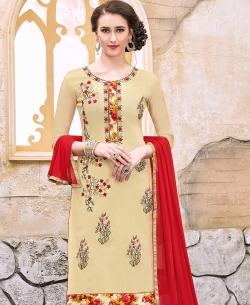 Beige Modal Cotton Floral Design Straight Suits