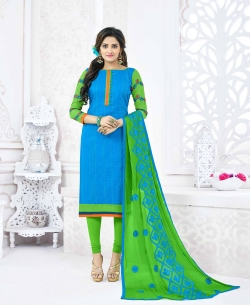Blue Slub Cotton Printed Chudidhar Suits